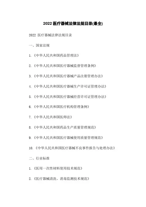 2022医疗器械法律法规目录(最全)
