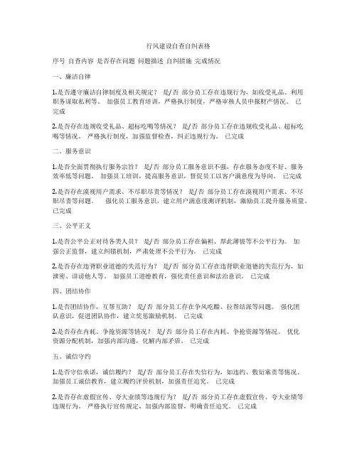 行风建设自查自纠表格