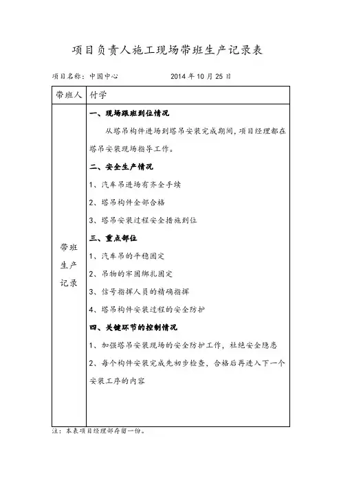 项目负责人施工现场带班生产记录表-塔吊安装