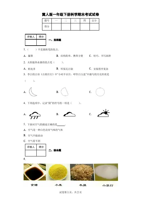 冀人版一年级下册科学期末考试试卷