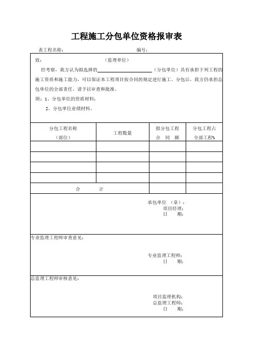 工程施工分包单位资格报审表模板