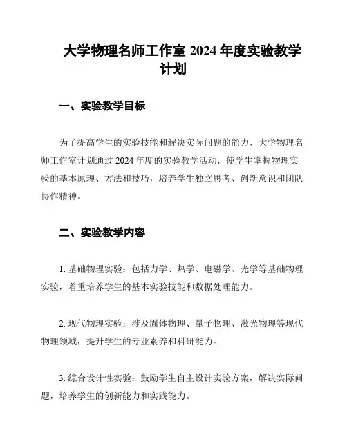 大学物理名师工作室2024年度实验教学计划