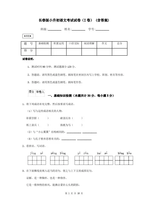 长春版小升初语文考试试卷(I卷) (含答案)