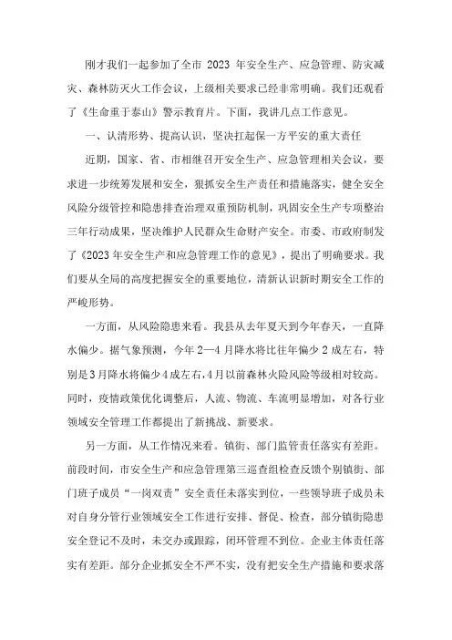 在全县2023年安全生产、应急管理、防灾减灾、森林防灭火工作会议上的讲话提纲