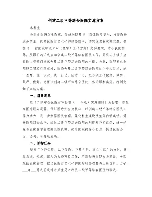 创建二级甲等综合医院实施方案（3篇）
