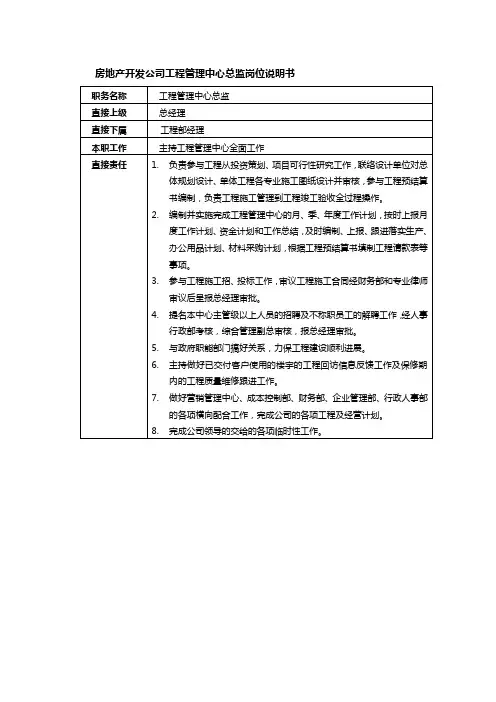 房地产开发公司工程管理中心总监岗位说明书