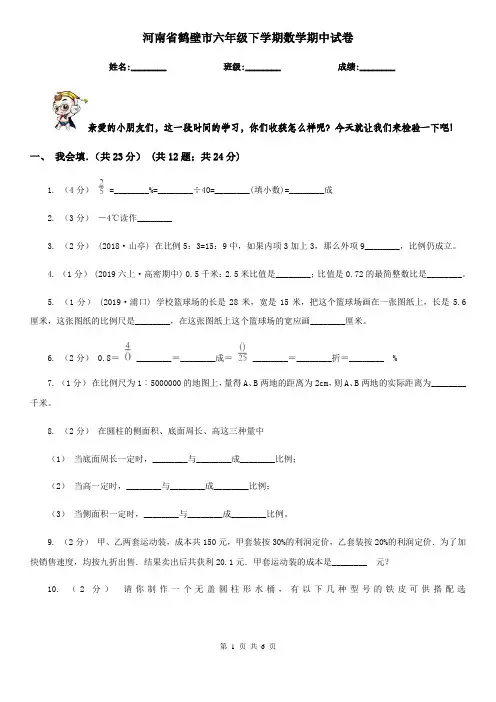 河南省鹤壁市六年级下学期数学期中试卷