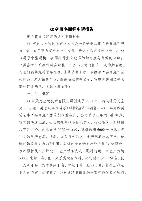 XX省著名商标申请报告
