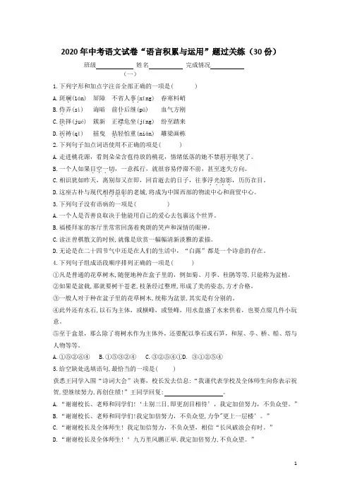 2020年中考语文试卷“语言积累与运用”题过关练(30份)(有答案)