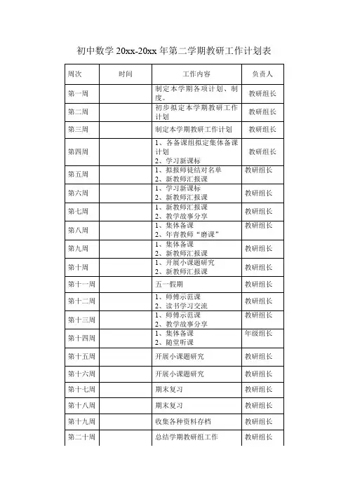 初中数学教研计划安排表