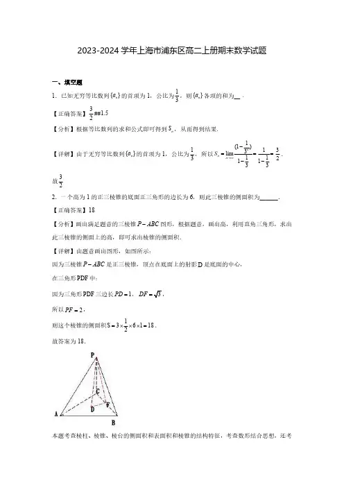 2023-2024学年上海市浦东区高二上册期末数学试题(含解析)