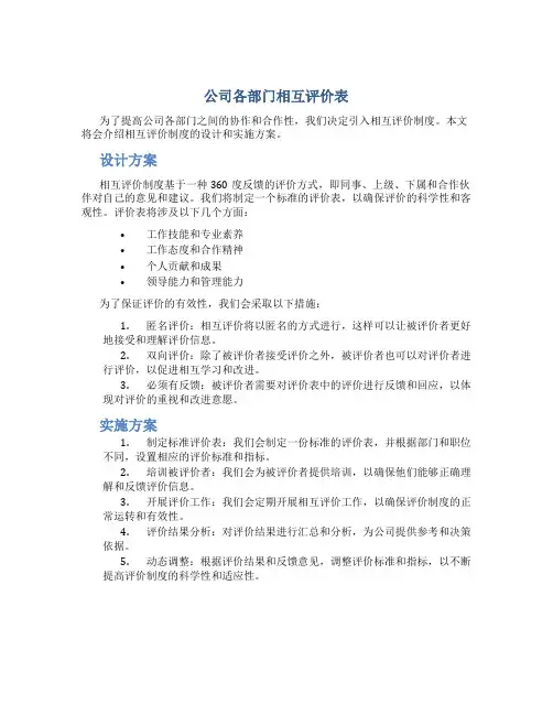 公司各部门相互评价表