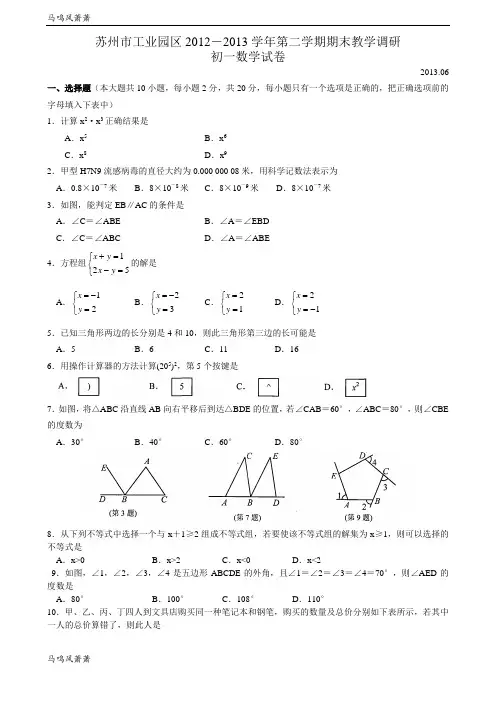 苏科版数学七年级下册苏州市工业园区-第二学期期末教学调研.doc