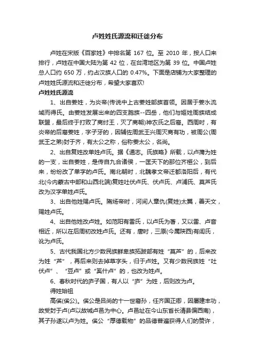 卢姓姓氏源流和迁徙分布