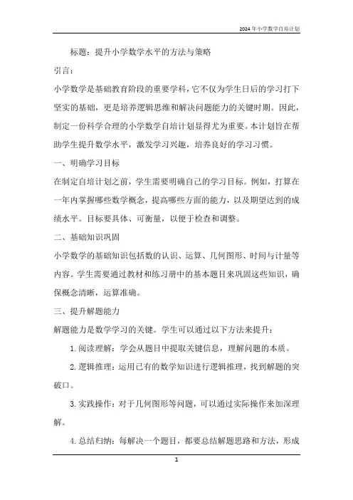 2024年小学数学自培计划