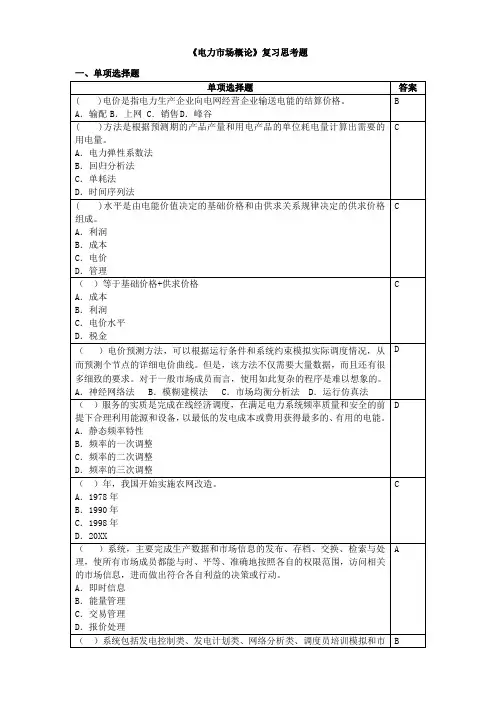 电力市场概论复习思考题