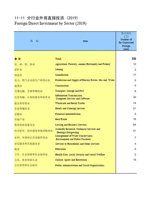 海南省统计年鉴2020社会经济发展指标：分行业外商直接投资(2019)