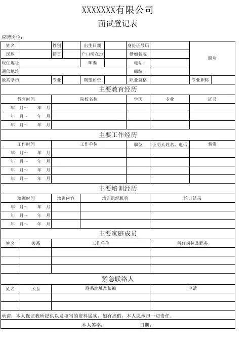 公司人事部面试登记表模板