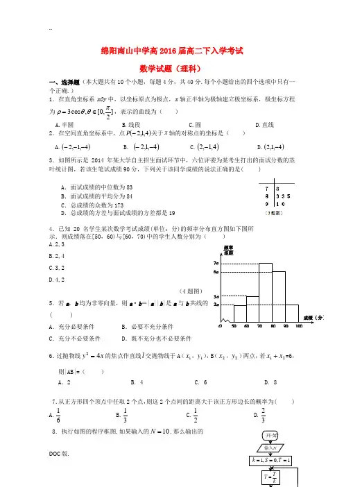 四川省绵阳市南山中学2014-2015学年高二数学下学期入学考试题 理