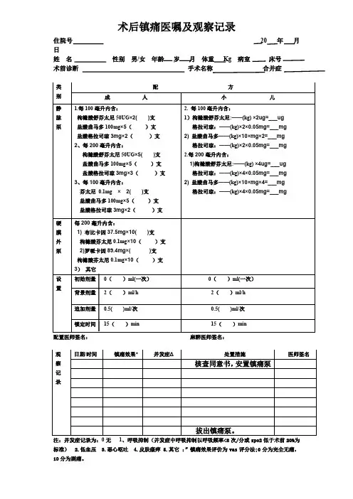 术后镇痛医嘱及观察记录 2
