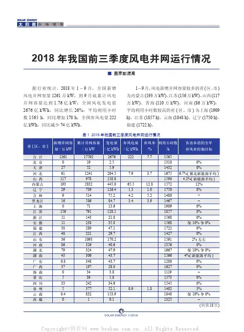 2018年我国前三季度风电并网运行情况