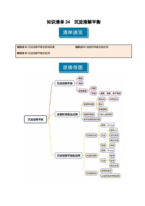 知识清单24 沉淀溶解平衡(教师版) 2025年高考化学一轮复习知识清单
