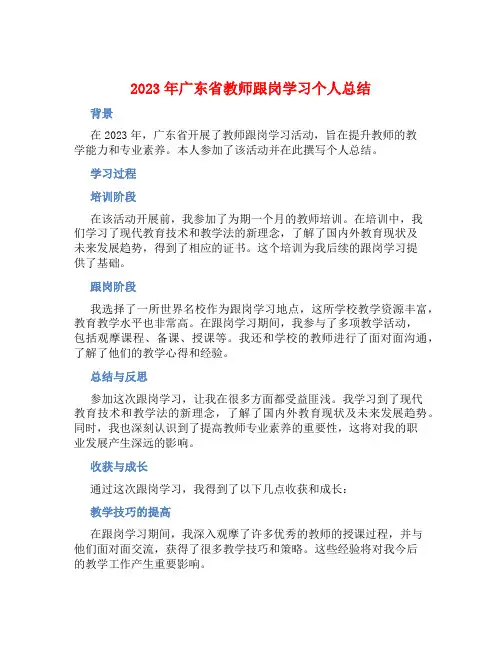 2023年广东省教师跟岗学习个人总结