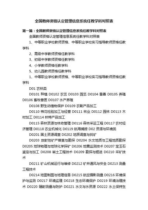 全国教师资格认定管理信息系统任教学科对照表