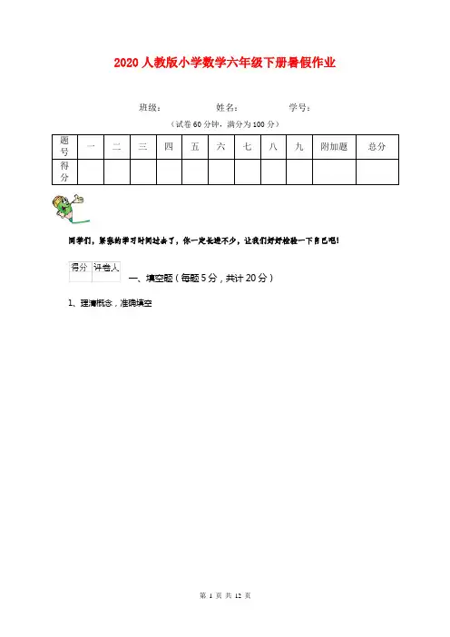 2020人教版小学数学六年级下册暑假作业  