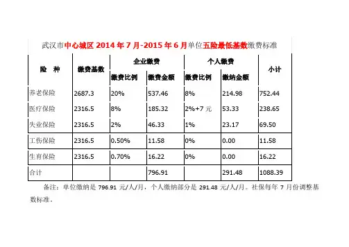 武汉中心城区2006年7月至2015年6月社保最低基数缴费标准