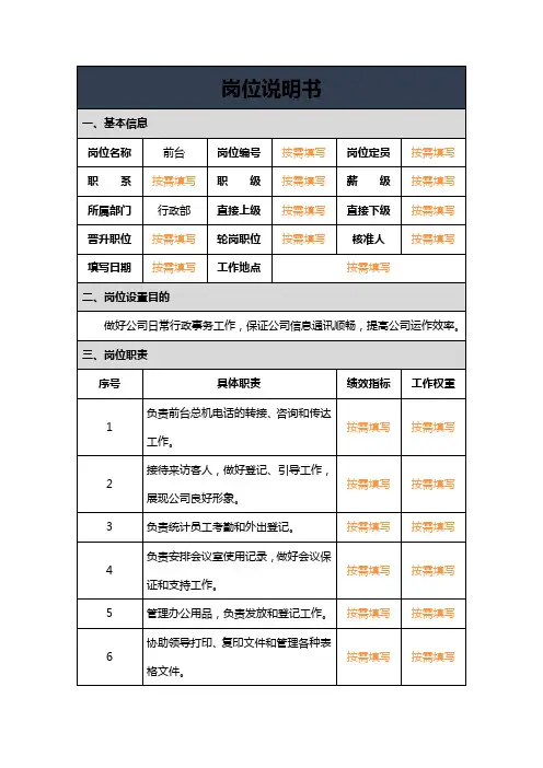 前台岗位说明书模板及填写范例