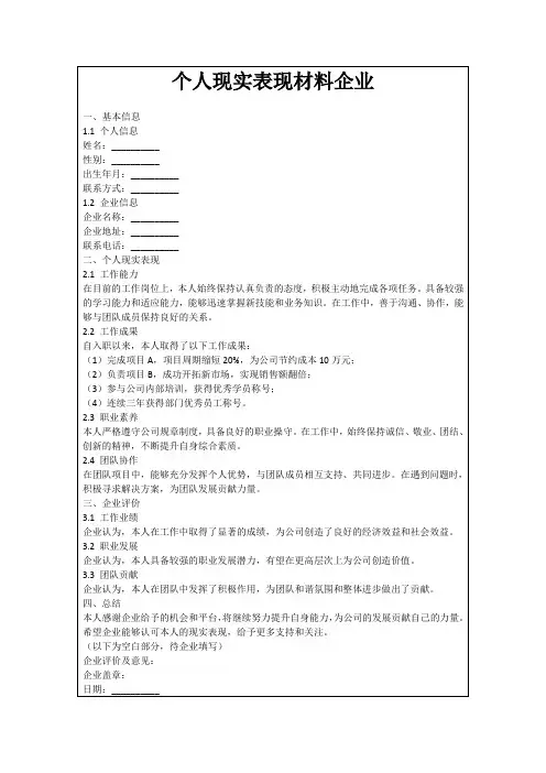个人现实表现材料企业