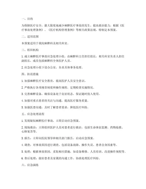 麻醉医疗事故应急预案