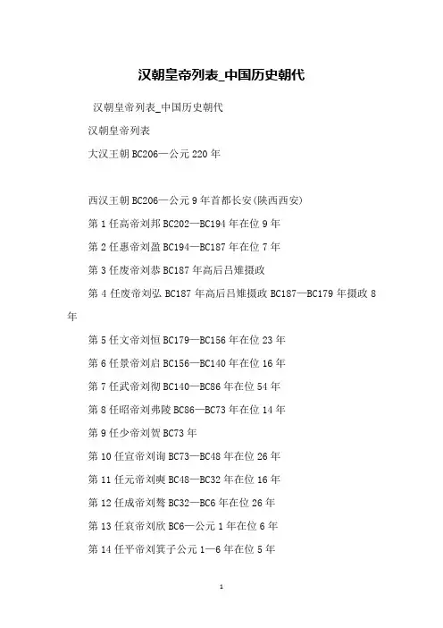 汉朝皇帝列表_中国历史朝代