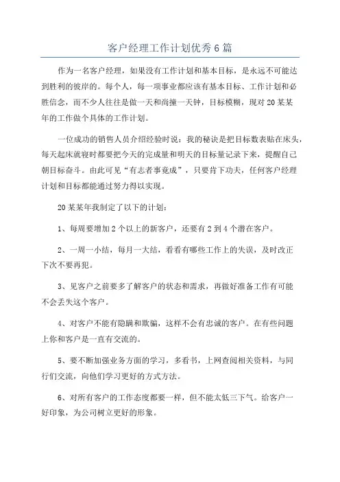 客户经理工作计划优秀6篇