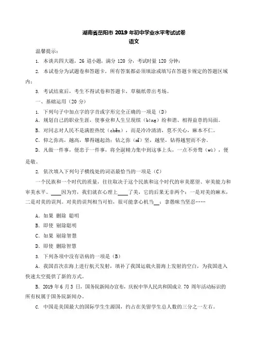 2019年湖南省岳阳市中考语文试题及答案