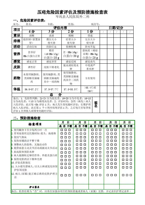 压疮评估及措施检查表
