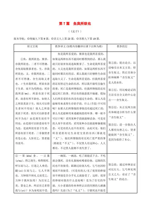 2020年中考语文专题复习精炼课内文言文阅读第7篇鱼我所欲也139