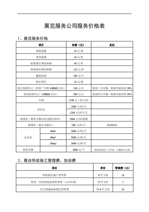 展览服务公司服务价格表