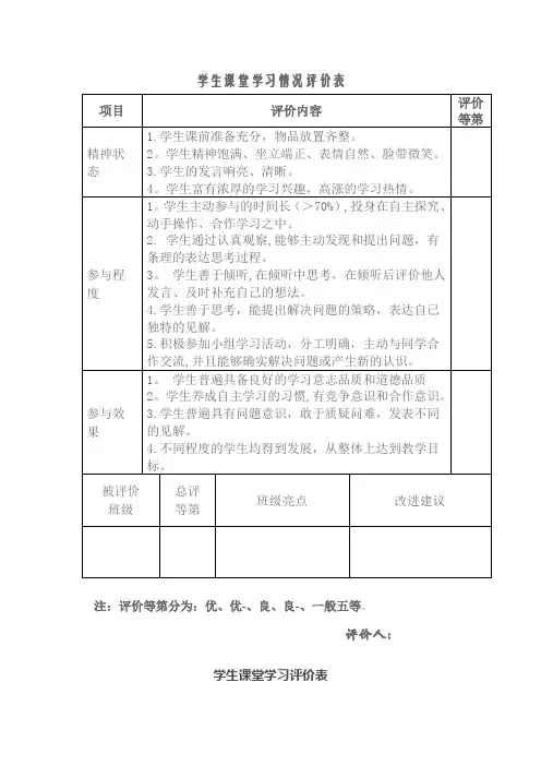 学生课堂学习情况评价表