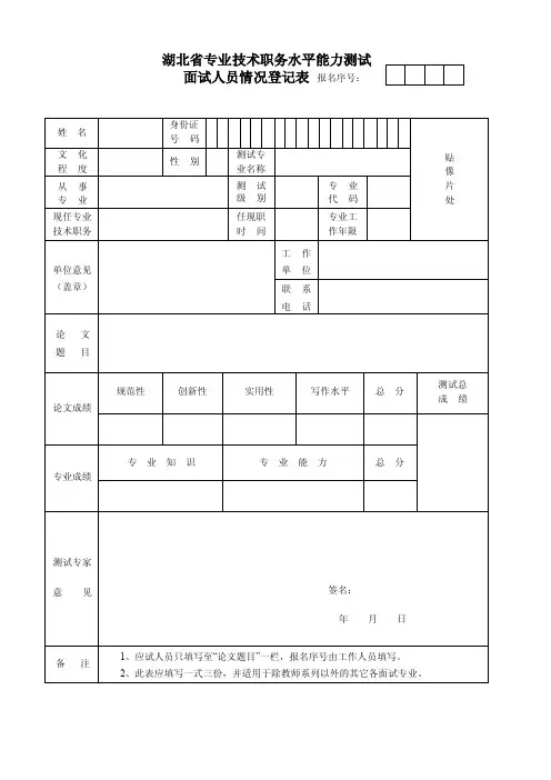2016-2017年专业技术职务水平能力测试表格（总结）