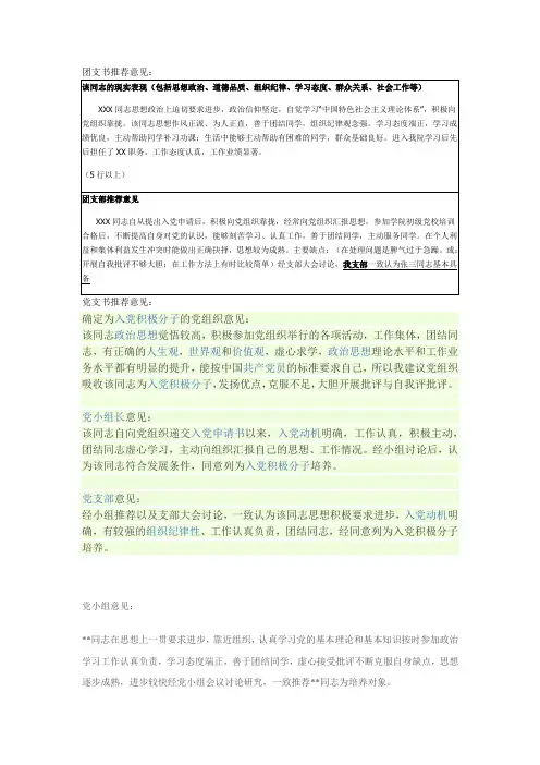 团支书推荐意见