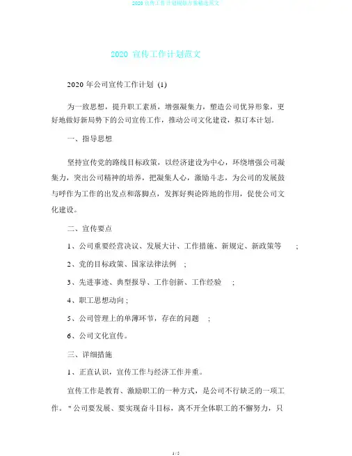 2020宣传工作计划规划方案精选范文