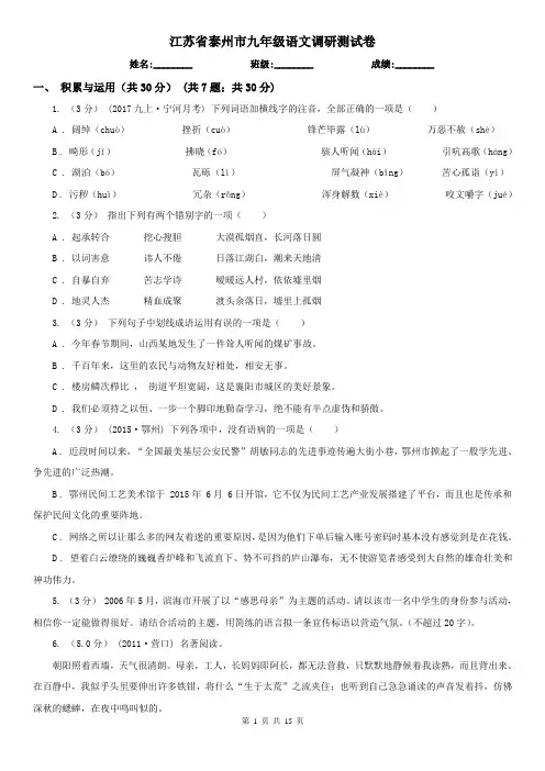 江苏省泰州市九年级语文调研测试卷