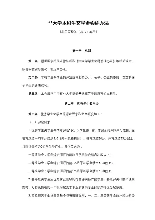 北京工商大学本科生奖学金实施办法【模板】