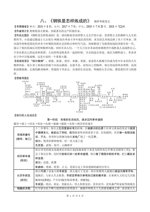 2020年湖南省中考语文名著阅读：《钢铁是怎样炼成的》