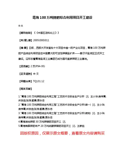 青海100万吨钾肥综合利用项目开工建设