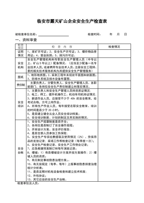 露天矿山安全检查表