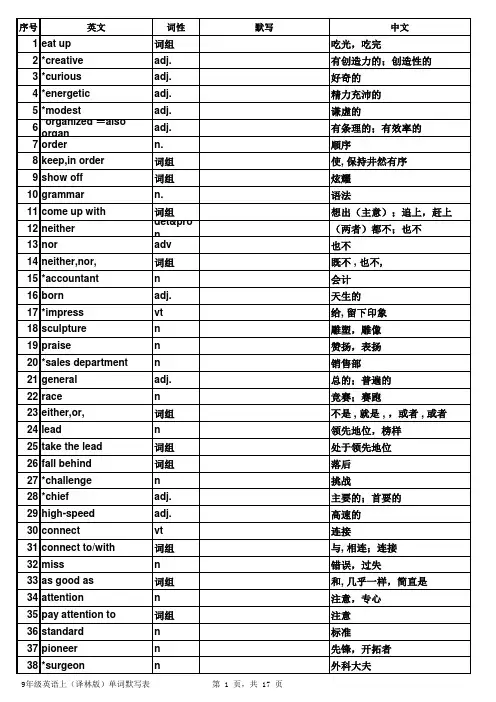 9年级译林版英语上单词默写表
