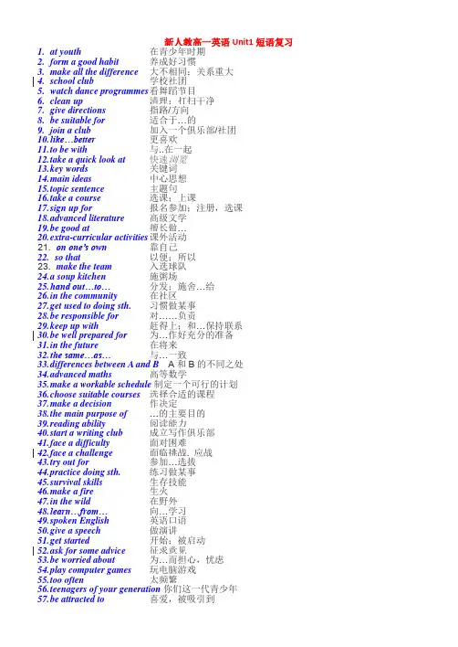 新人教高一英语Unit1Teenage life 短语复习与默写